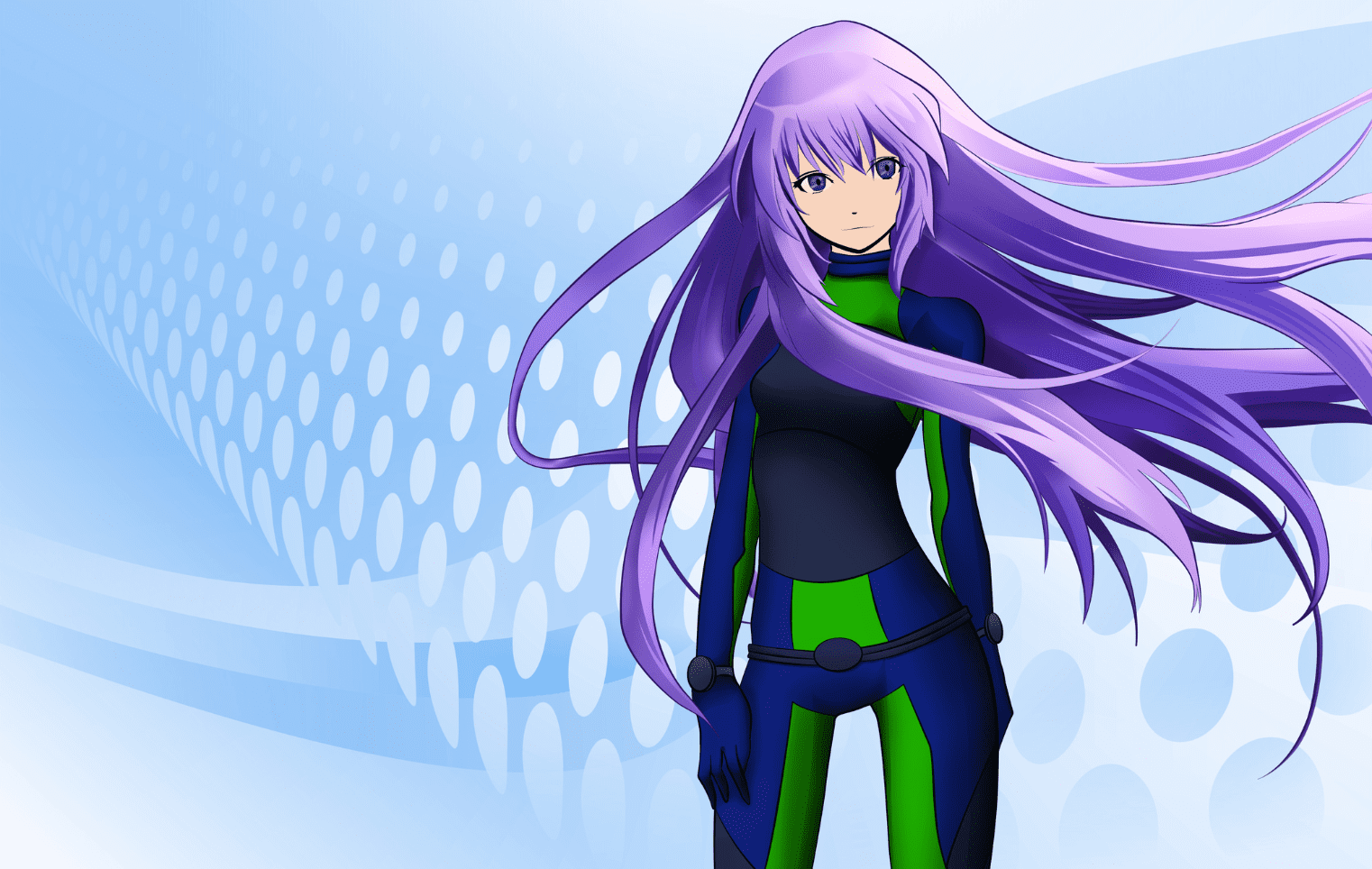 Picture of anime girl with purple hair wearing a green jumpsuit