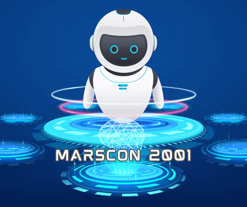 Archive graphic of a white robot hovering over a holographic interface.