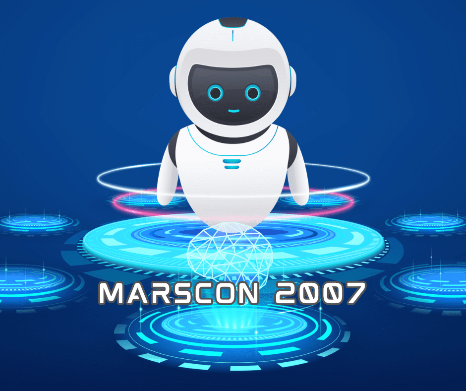 Archive graphic of a white robot hovering over a holographic interface.