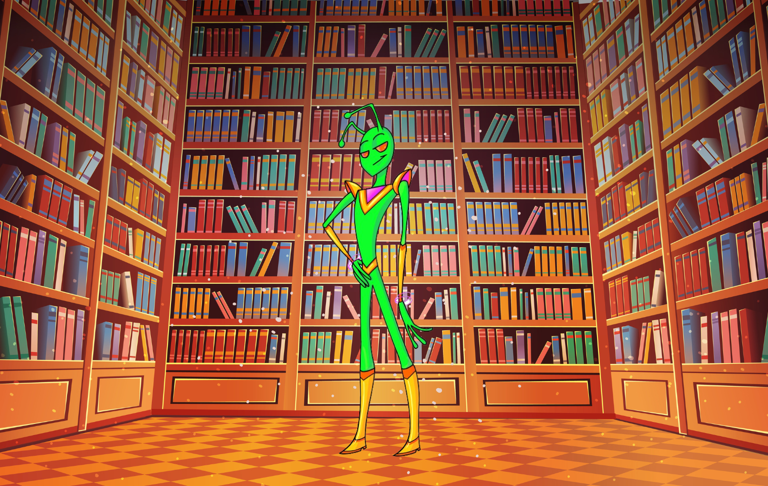 Picture of a library with Martian standing in the center