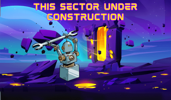 This sector under construction picture of a massive purple and gold monolith under construction by a hovering robot with a huge wrench