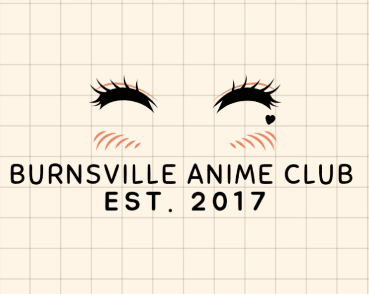 Burnsville Anime Club, graphic cartoon of two female eyelashes with a beauty mark.