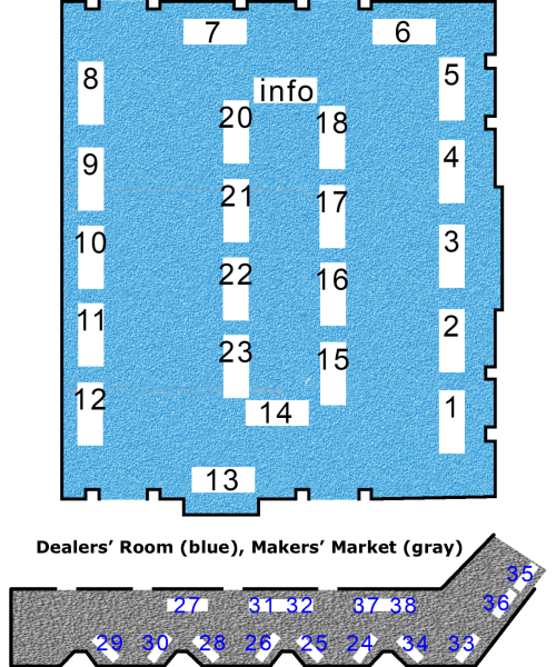 Maps of the dealers' room and the makers' market space in the hotel hallway.