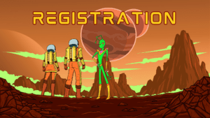 Registration page, with a picture of two astronauts looking at Snarky, on the surface of mars, with two planets very close in the sky