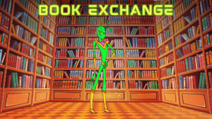 Book exchange banner, picture of a library room with a martian