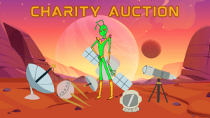 Charity auction banner, picture of alien standing on a platform with all kinds of space junk around him, including a telescope, two satellites, a helmet and a satellite dish.