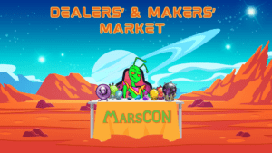 dealer room page, picture of martian sitting behind a table selling baubles