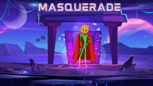 Masquerade banner, picture of a green alien wearing a cape and a mask