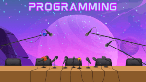 Programming page, picture of a conference table with many microphones, set against a purplish pink starry background