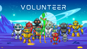 Volunteer banner, picture of Martian surrounded by many colorful robots, on the surface of an alien planet