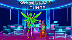 Masquerade lounge banner. Picture of a space-age looking lounge with Snarky and Eris both in costumes.
