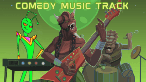 Comedy Music Track banner, picture of an alien rock back performing, with Snarky on the keyboard
