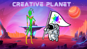 Creative Planet banner, picture of alien Snarky standing next to Creative Planet's logo, "the Crafternaut"