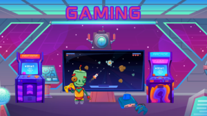 Gaming page, picture of the inside of a cartoon spaceship with a huge monitor with video games playing and different retro video game consoles on the floor, with robot Eris in the foreground holding a gaming controller