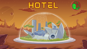 Hotel banner, picture of a hotel under a glass dome on the surface of Mars, with Snarky logo in the moon