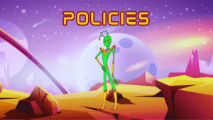 Policies page, cartoon picture of an orange Martian landscape in the foreground and a purple sky with a large moon with Snarky in the foreground
