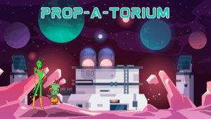 Propatorium page, picture of a secret facility on the surface of Mars, with Snarky and Eris in the foreground standing on the planet surface