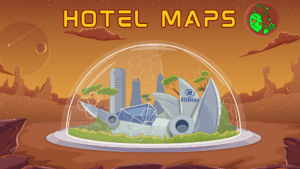 Hotel maps page, picture of a futuristic-looking hotel under a glass dome.