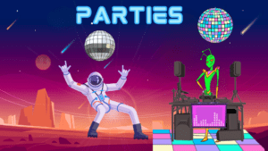 Parties banner, picture of Snarky as DJ and an astronaut dancing, on the surface of Mars