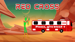 Red Cross page, picture of Snarky standing on Mars with the Red Cross blood mobile in the background.