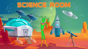 Science room banner, picture of Snarky on the surface of Mars with a lander, rocket ship, telescope